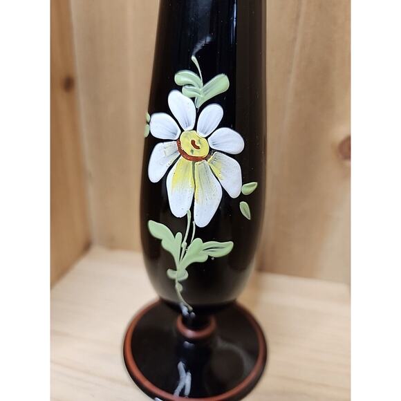 FENTON BLACK AMETHYST HAND PAINTED 10" VASE DAISY STRIPE RUFFLE UNSIGNED - Picture 3 of 7